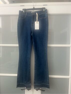 CHARLIE B Dark Blue Flare Jeans with Frayed Hem